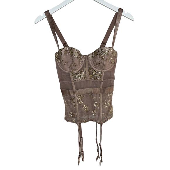 NWT Victoria's Secret Sheer Sexy Pink and Gold Shimmer Garter Corset Size 32C - Picture 3 of 9